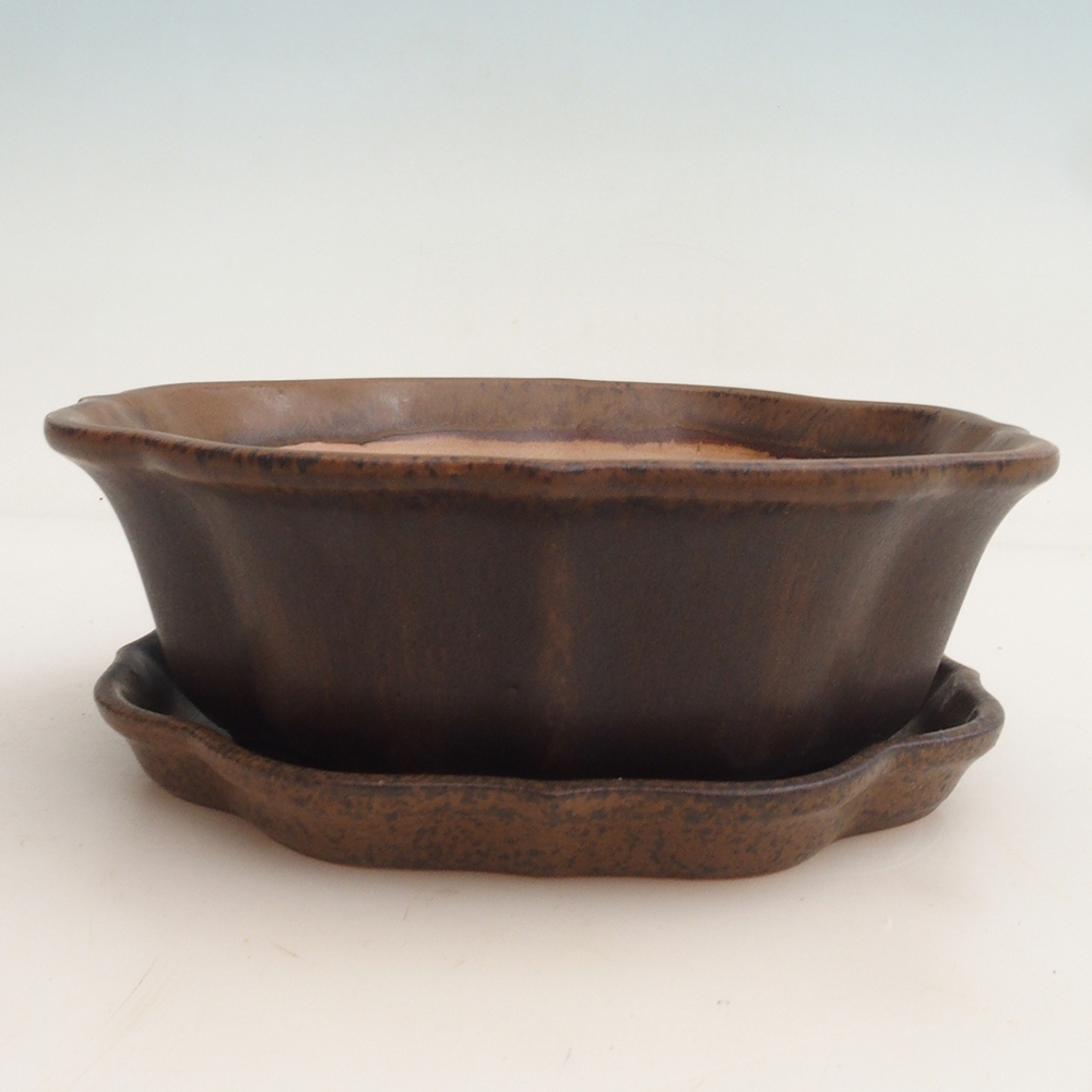 Cuenco bonsái + platillo H06 - 14,5 x 14,5 x 5 cm - marrón